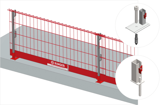 Darstellung verschiedener Montagevarianten von Stahlteilen des RINGER Seitenschutzsystems zur flexiblen Absturzsicherung auf Baustellen