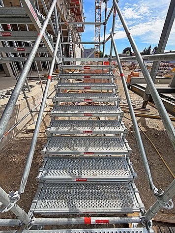 Modular scaffolding stair tower at a construction project in Upper Austria