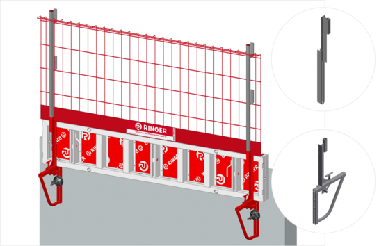 Montagevariante des RINGER Seitenschutzsystems an der Deckenrandabschalung zur Absturzsicherung an offenen Deckenkanten auf Baustellen