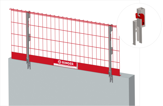 Seitenschutz mit Stirnschuh als Verbindungselement zur Absturzsicherung am Deckenrand auf Baustellen, verkauft von RINGER