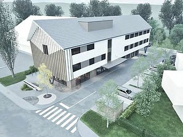 Zdravstveni center Podpeč 3D-prikaz Večnamenskega zdravstvenega centra Podpeč z zasnovo objekta in njegovo arhitekturno podobo.